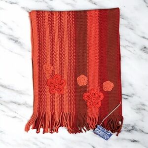NWT April Cornell Red Orange Rugby Knit Cotton Stripe Floral Scarf Fringe NEW